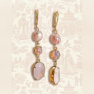 Pink Opal & Pink Fire Opal with Baroque Pearl in Yellow Gold Dangle Earrings